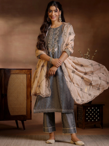 Women's LB Grey Yoke Design Silk Blend Straight Suits With Dupatta