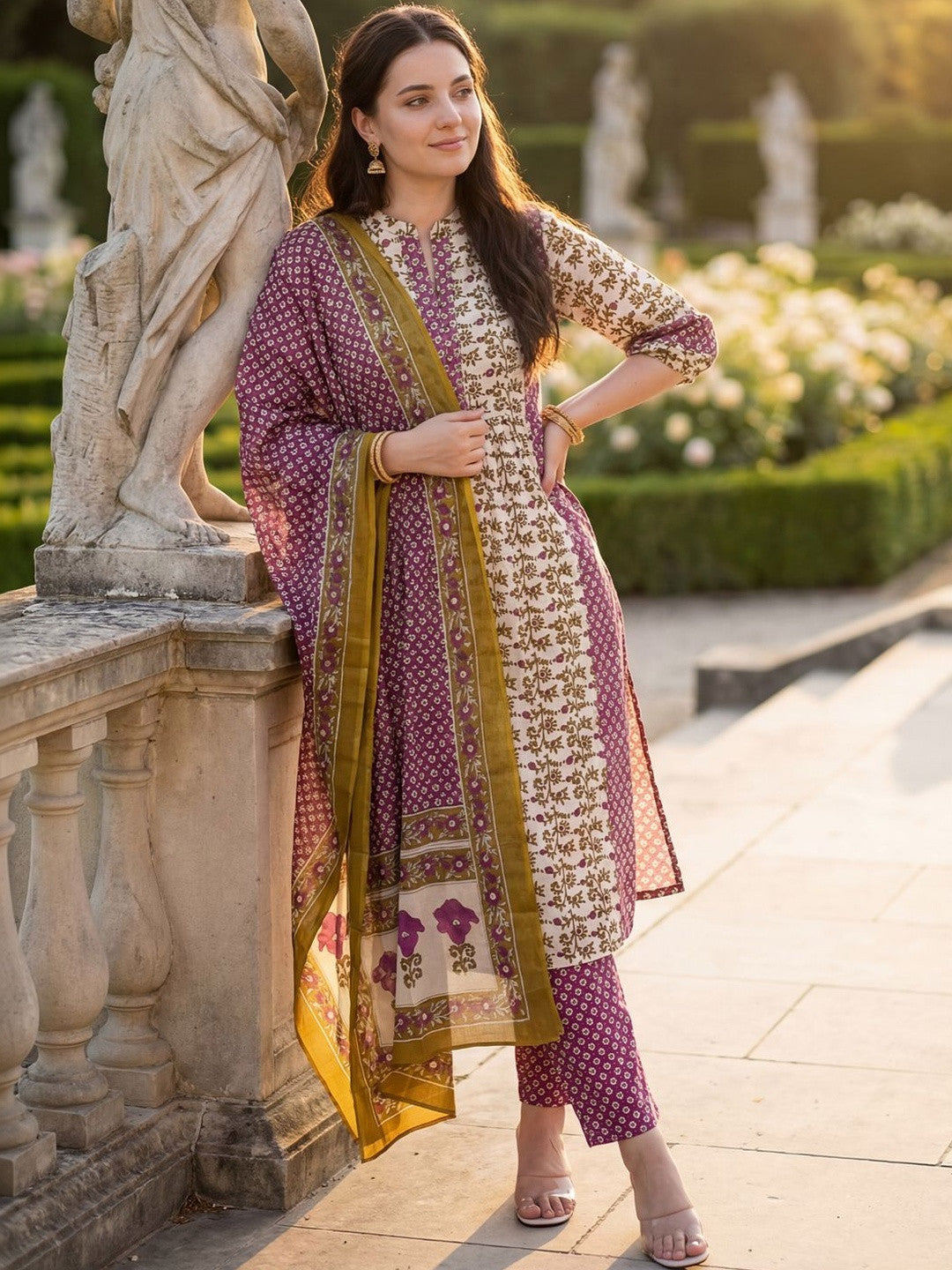 Women Floral Printed Regular Beads and Stones Pure Cotton Kurta with Trousers & With Dupatta