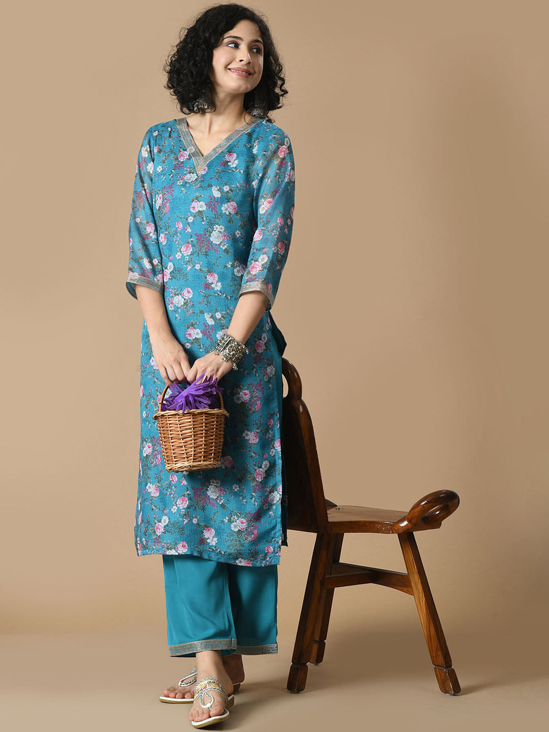 Floral Printed V Neck Straight Kurta With Palazzo