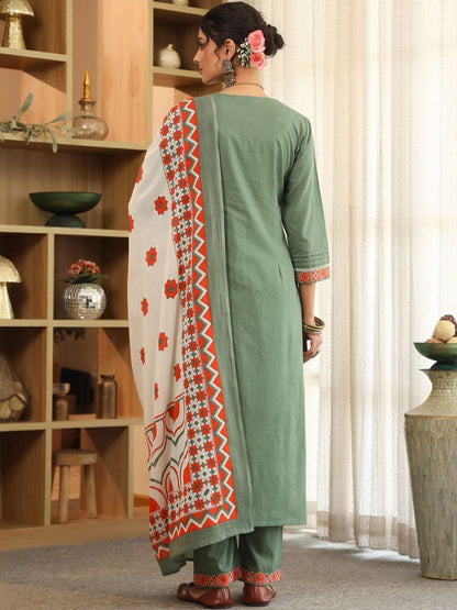 Dhiyona RR Women's Ethnic Motifs Yoke Design Regular Thread Work Pure Cotton Kurta with Trousers & With