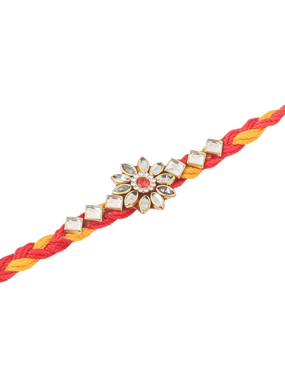 Dhiyona Set Of 3 Kundan Studded Floral Thread Rakhis With Roli Chawal Chandan & Mishri