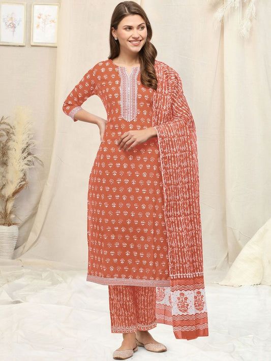 Dhiyona KL Ethnic Motifs Printed V-Neck Gotta Patti Pure Cotton Kurta With Trousers & Dupatta