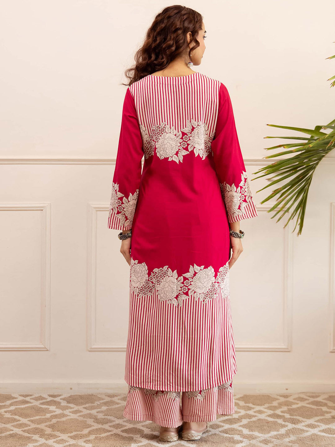 Floral Printed Sequinned V-Neck Straight Kurta & Palazzos