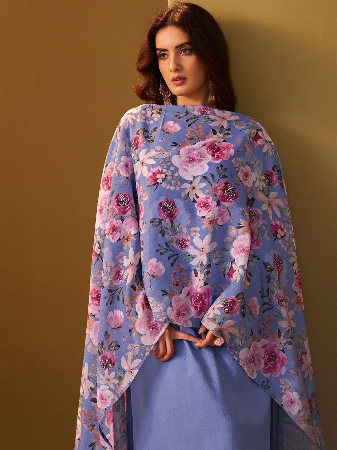 Floral Regular Thread Work Kurta With Trousers & Dupatta