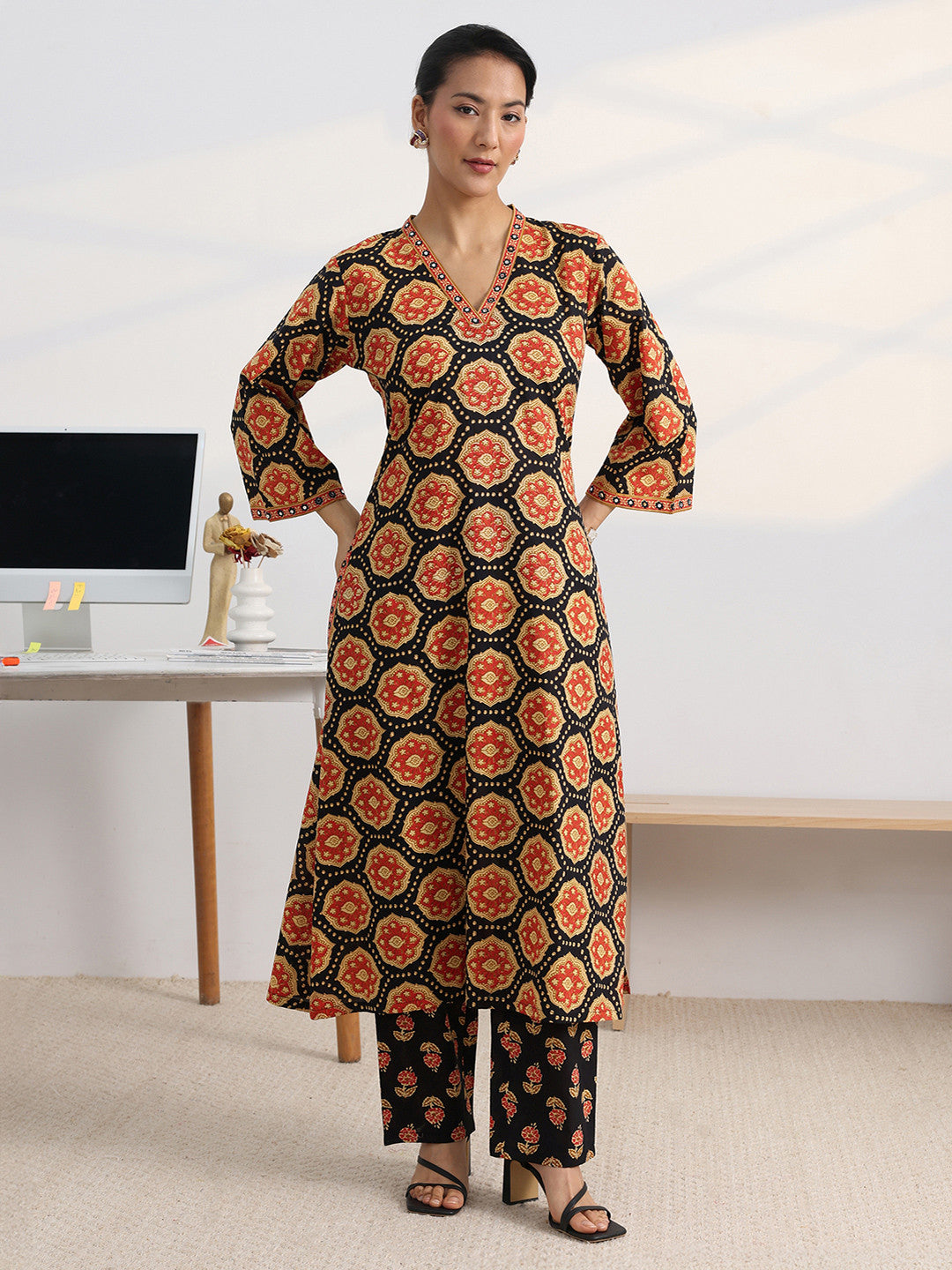 Libas Black Ajrakh Print A-Line Kurta Set