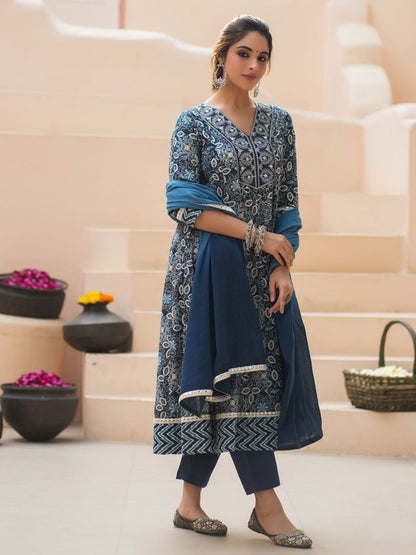 Dhiyona RR Women's Floral Printed Cotton Kurta with Trousers & Dupatta