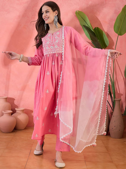 Dhiyona SN Women's Peach Embroidered Notch Neck Pure Cotton Anarkali Kurta With Trouser & Dupatta