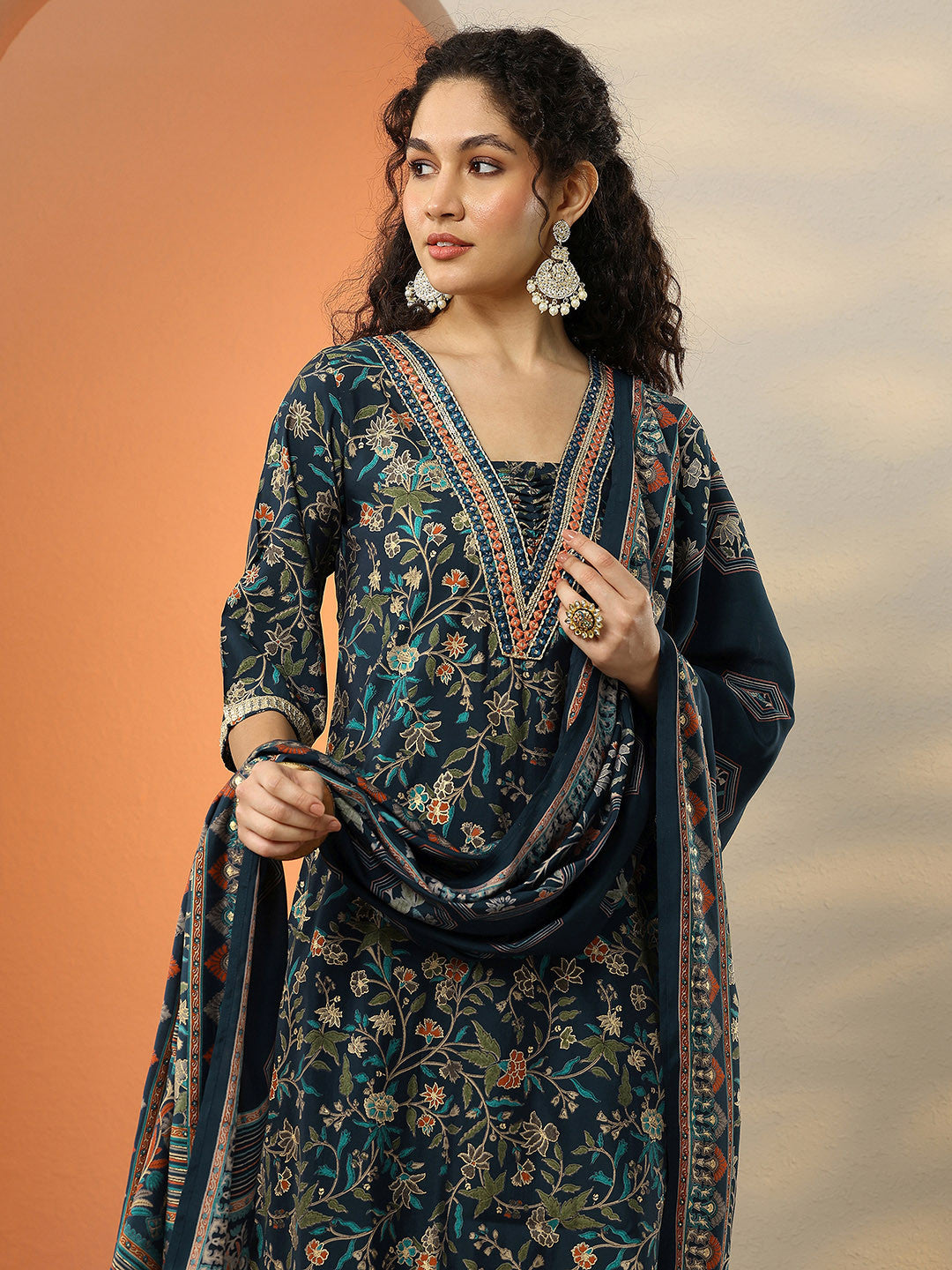 Women Floral Printed Regular Mirror Work Kurta with Salwar & With Dupatta