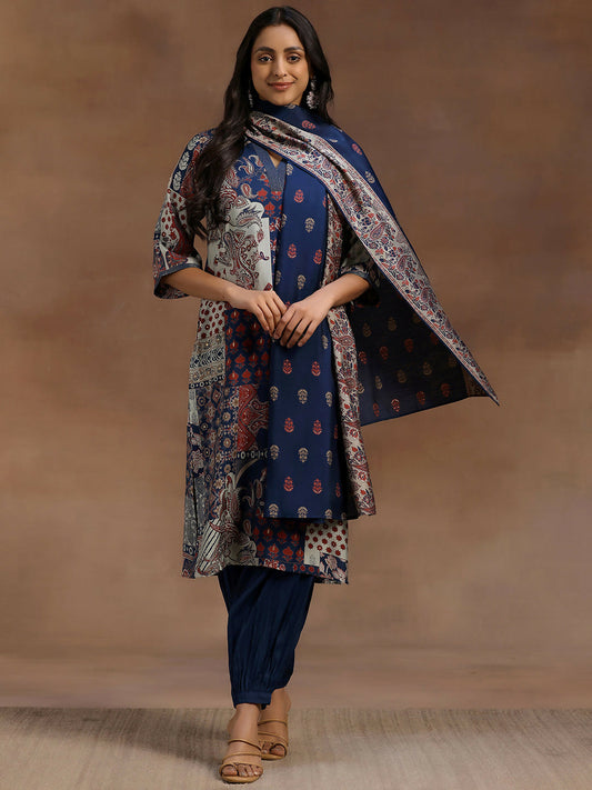 Women's LB Blue Printed Silk Blend Straight Suit With Dupatta