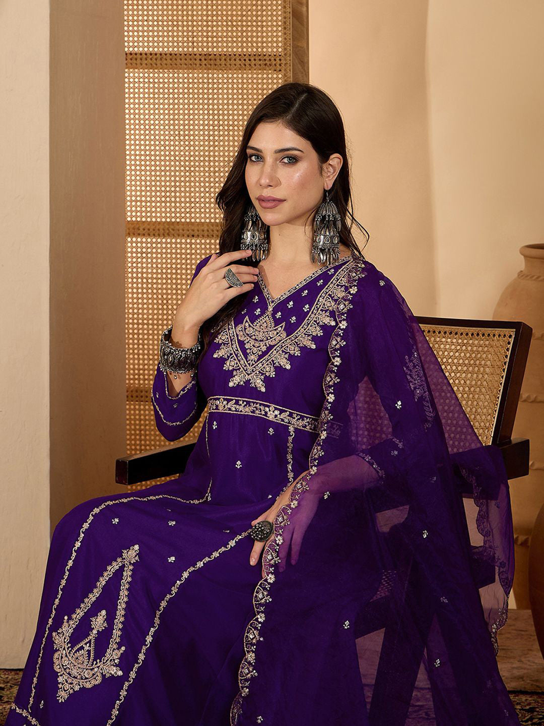 Women Zari Sequence Embroidered A-Line Kurta & Trousers With Dupatta