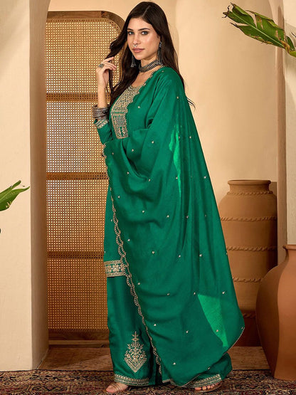 Dhiyona SN Floral Embroidered Round Neck Straight Kurta & Palazzos With Dupatta