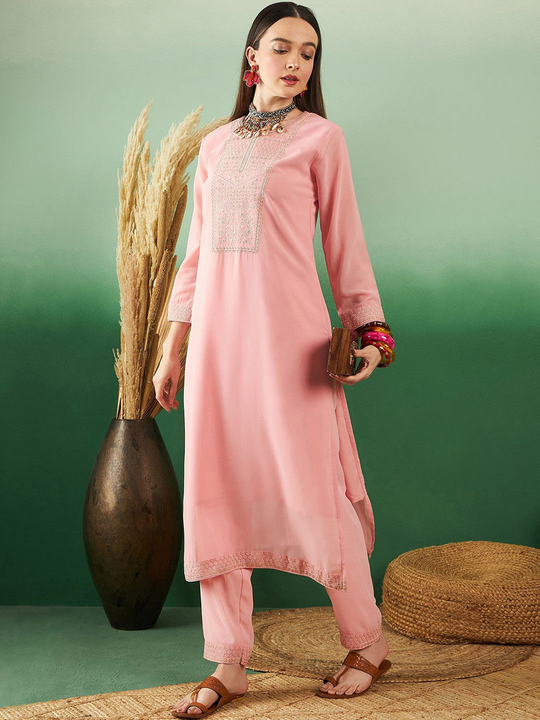 Embroidered Straight Kurta & Trousers