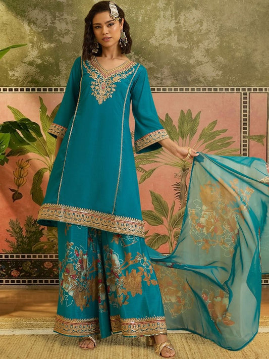 Dhiyona SN Embroidered V-Neck Kurta & Palazzos With Dupatta