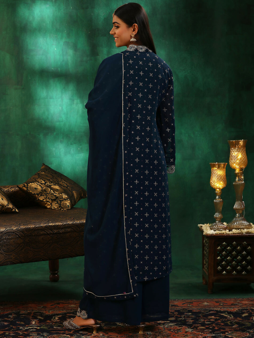 Women's LB Blue Printed Georgette Straight Suit With Dupatta