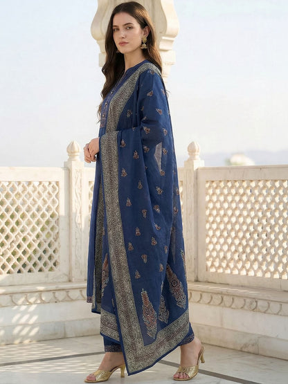 Women Ethnic Motifs Embroidered Panelled Thread Work Pure Cotton Kurta with Trousers & With Dupatta