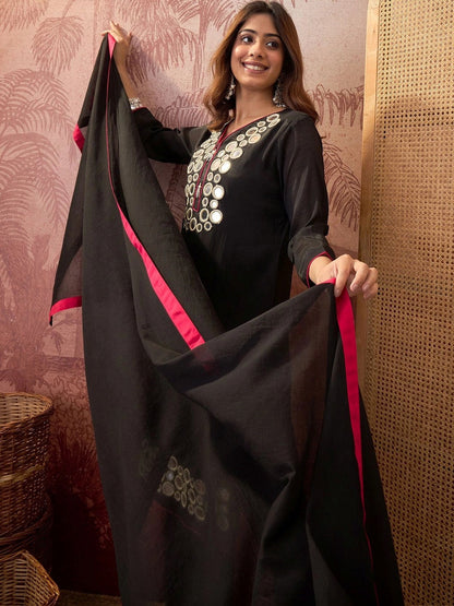 Women Floral Embroidered Regular Mirror Work Kurta with Trousers & With Dupatta