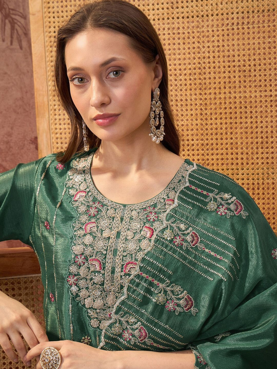 Embroidered Round Neck Kurta & Sharara With Dupatta