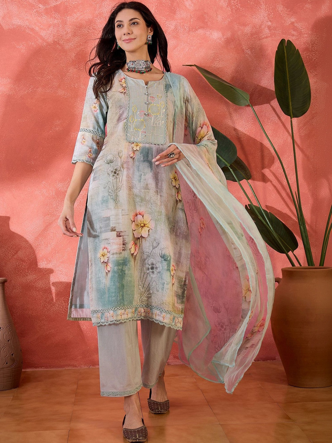 Dhiyona SN Embroidered Pure Cotton Round Neck Kurta Trousers & Dupatta