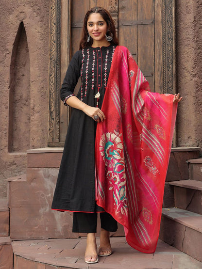 Dhiyona RR Women's Yoke Design Chanderi Cotton A-Line Kurta with Palazzos & Dupatta