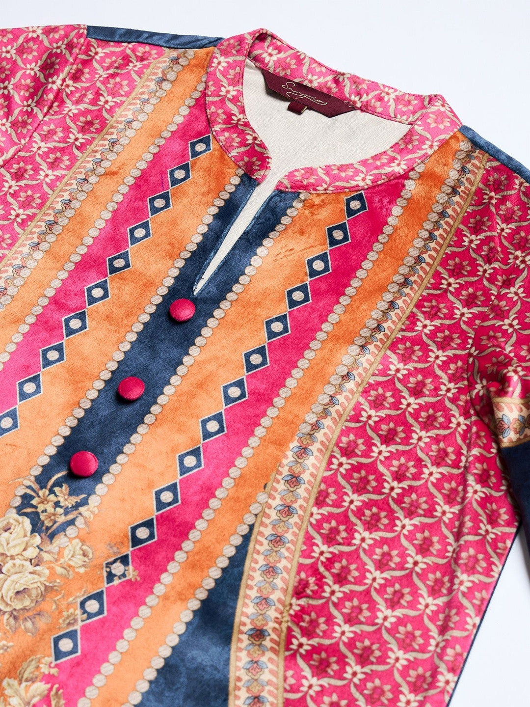 Printed Velvet Mandarin Collar Kurta & Trousers Kurta Sets