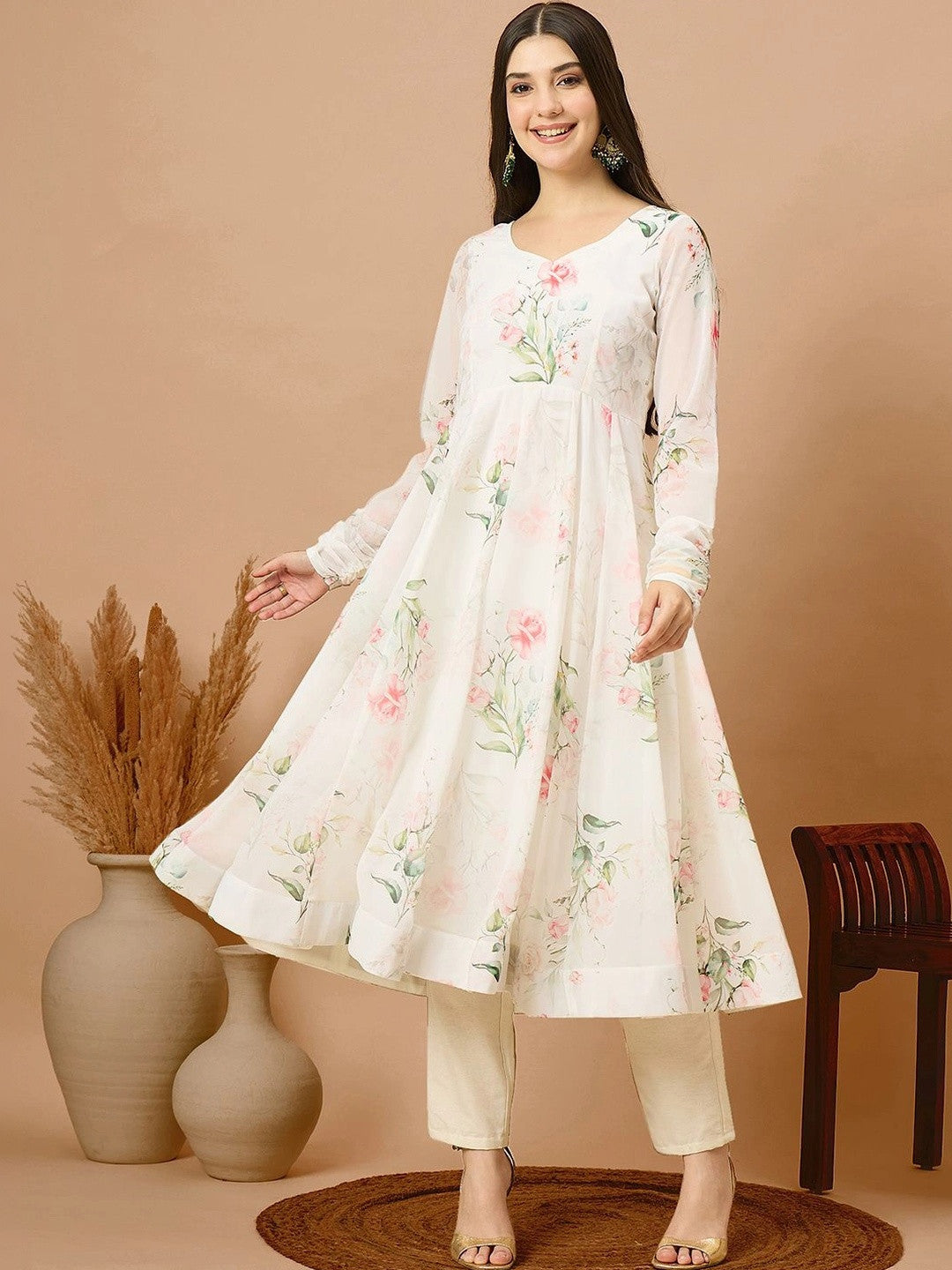 Women Floral Printed Anarkali Kurta & Trousers With Dupatta