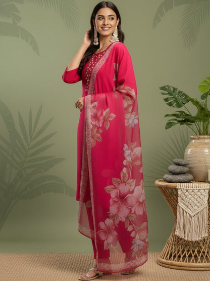 Embroidered Round Neck Kurta & Trousers With Dupatta