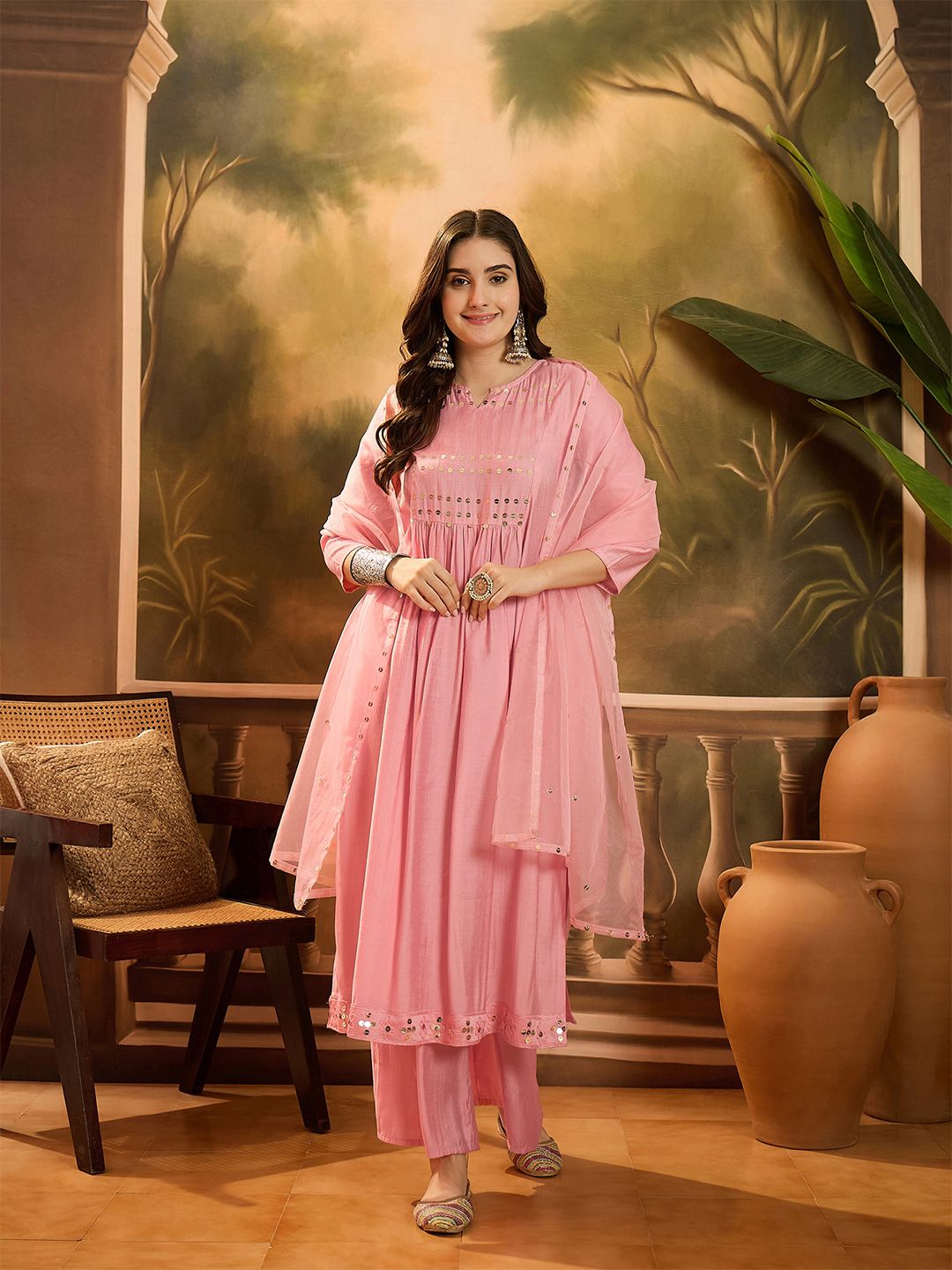 Dhiyona SN Notch Neck Sequinned Empire A-Line Kurta & Palazzo With Dupatta