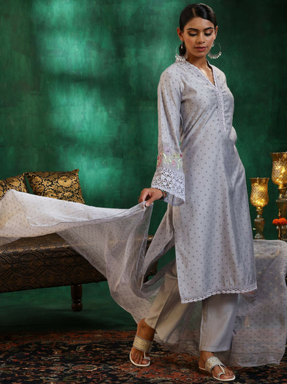 Women's LB Grey Printed Silk Blend Straight Suit With Dupatta