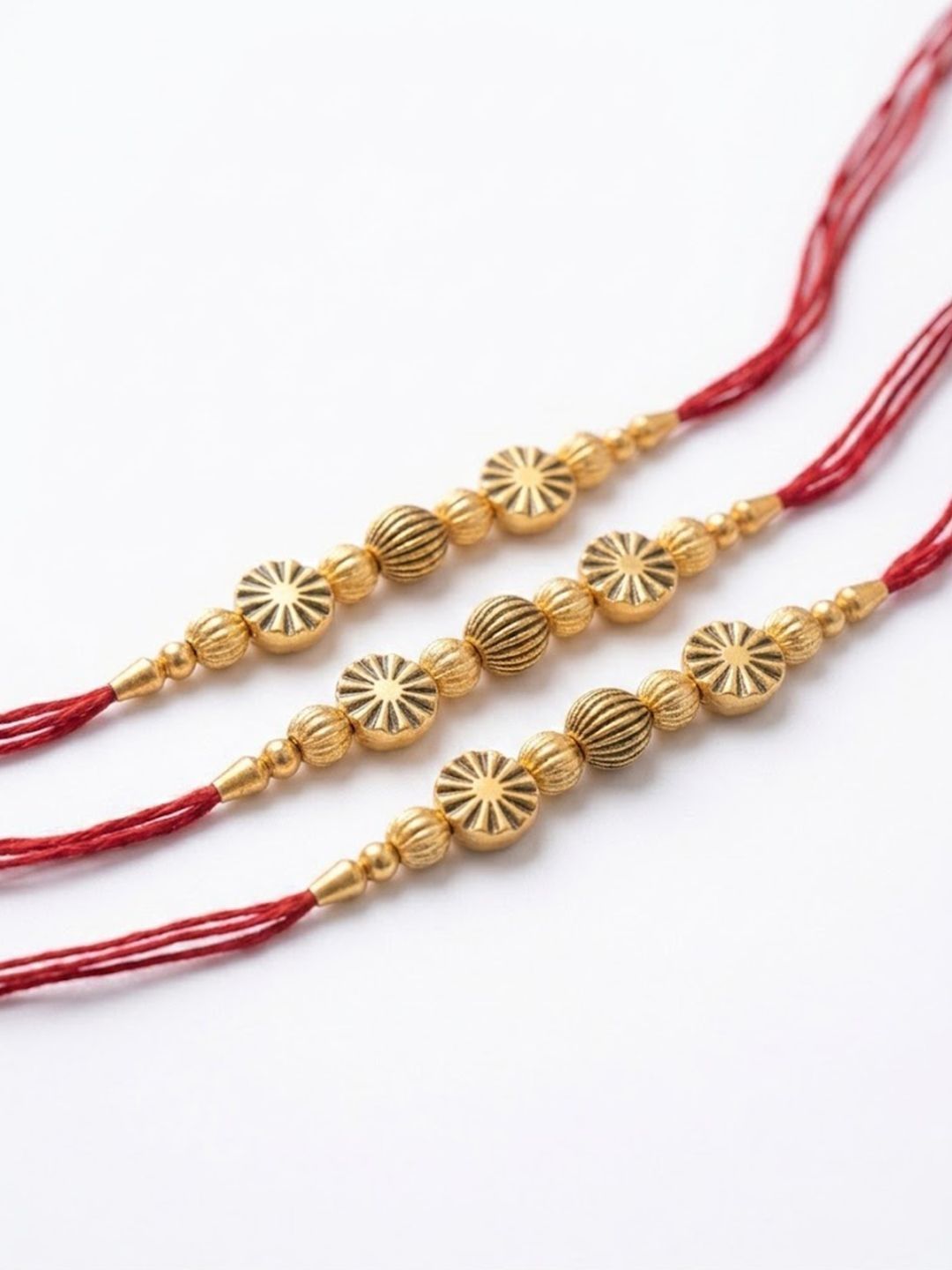 Anouk Set Of 3 Red & Gold Toned Artificial Stones & Beads Thread Rakhi With Roli Chawal
