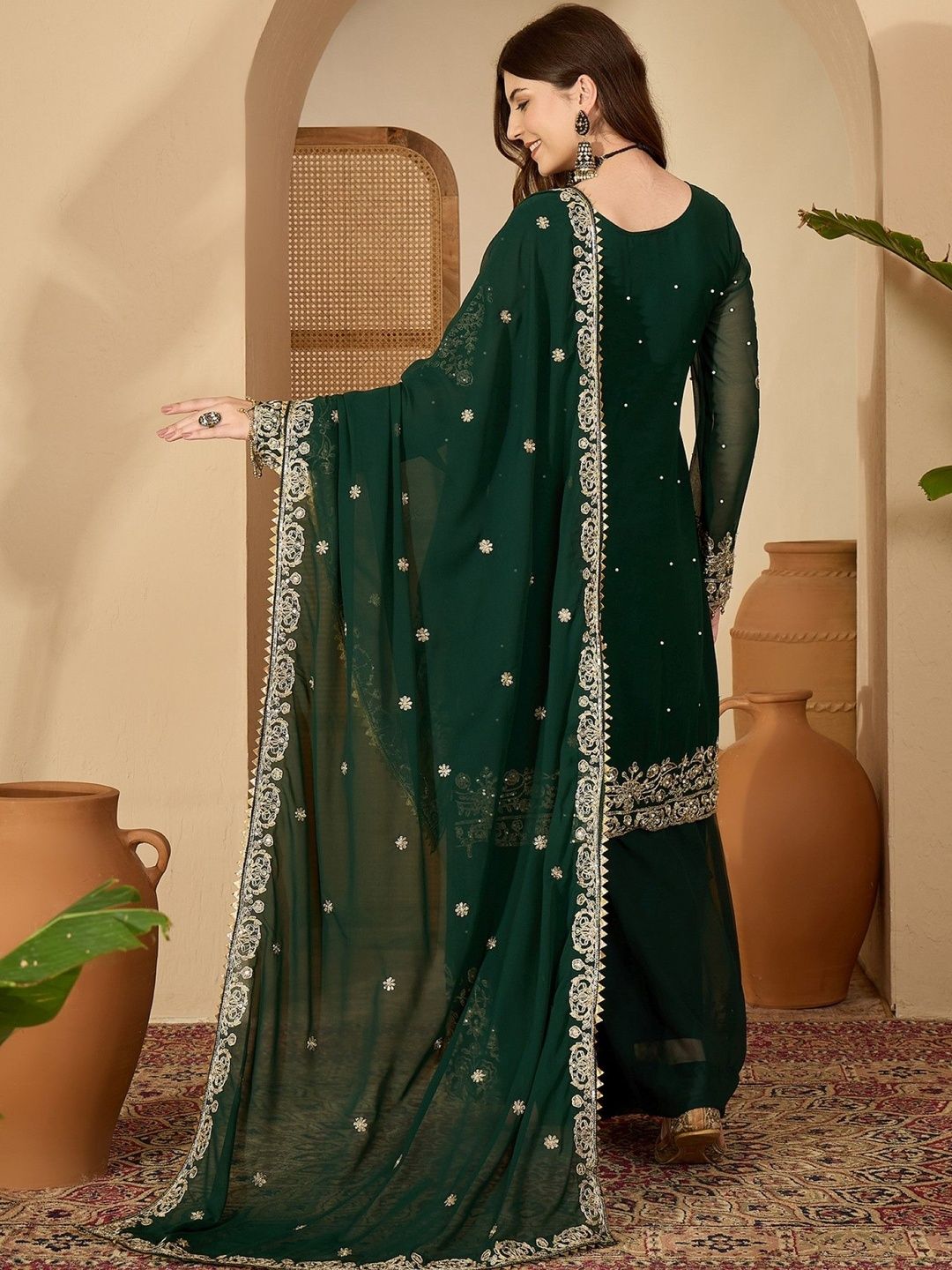 Dhiyona SN Women Floral Embroidered Thread Work Georgette Kurta With Sharara & Dupatta