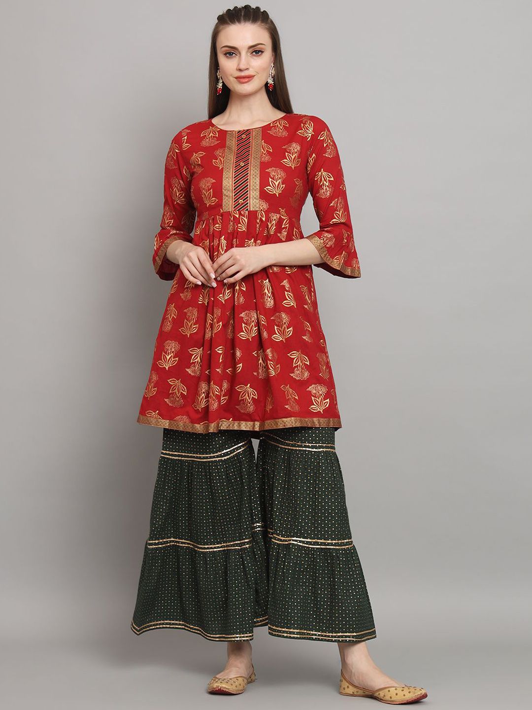 Dhiyona AN Maroon Floral Printed Zari A-Line Kurti With Sharara