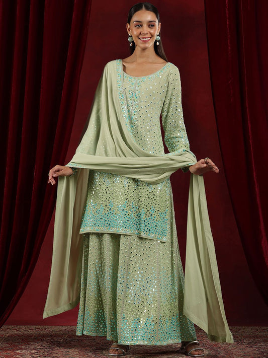 Dhiyona LL Geometric Embroidered Mukaish Straight Kurta With Palazzos & Dupatta
