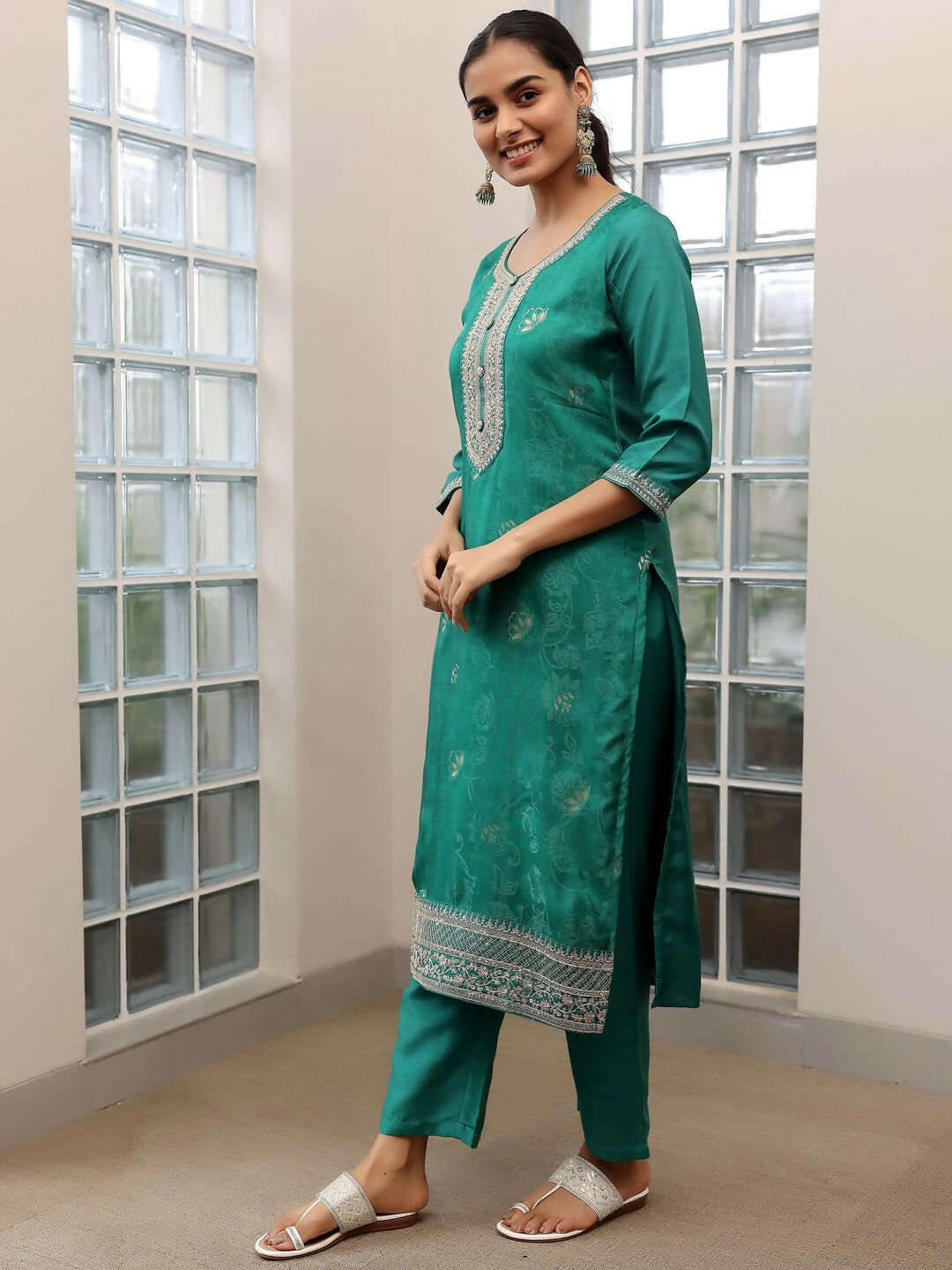 Women's LB Turquoise Woven Design Silk Blend Straight Suit With Dupatta