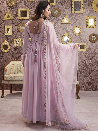 Dhiyona IN Pink Floral Embroidered Square Neck Georgette A-Line Kurta with Palazzo & Dupatta