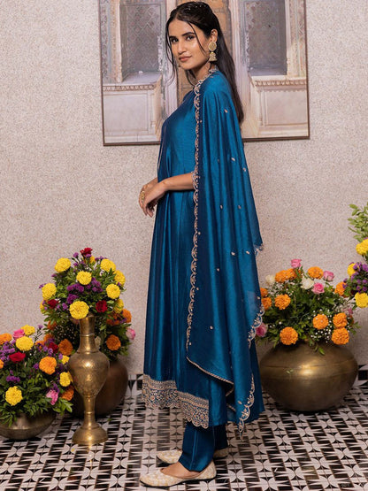 Dhiyona CH Women Floral Embroidered A-Line Kurta with Trousers & Dupatta