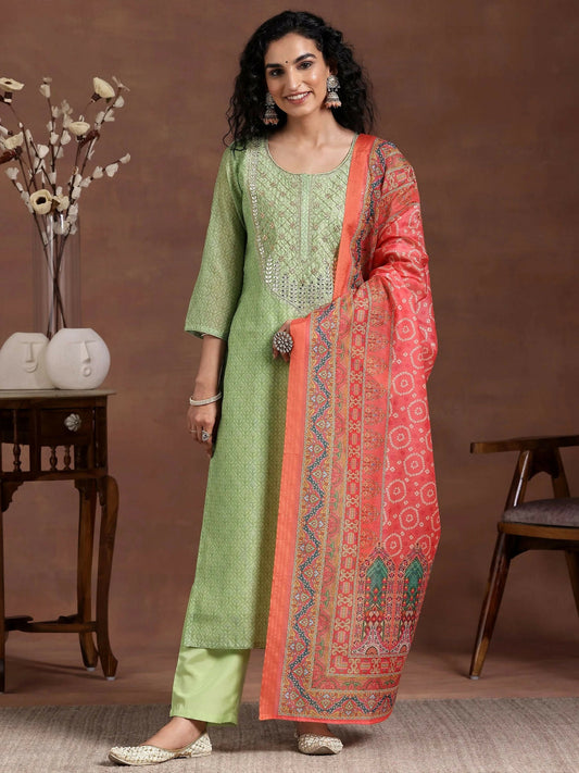 Women's LB Green Printed Silk Blend Straight Suit With Dupatta