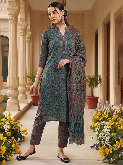 Dhiyona KL Ethnic Motifs Printed Mandarin Collar Kurta With Trousers & Dupatta