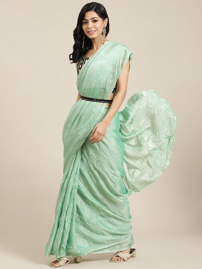 Women's Georgette Green Solid Belted Sarees With Blouse Piece