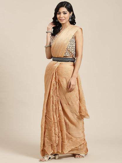 Women's Georgette Peach Solid Belted Sarees With Blouse Piece