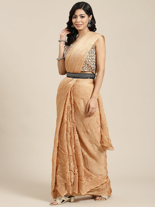 Women's Georgette Peach Solid Belted Sarees With Blouse Piece