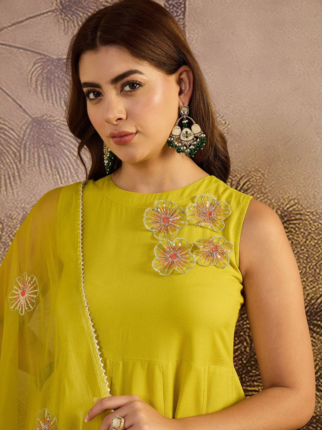 Embellished Round Neck Kurta & Palazzos With Dupatta