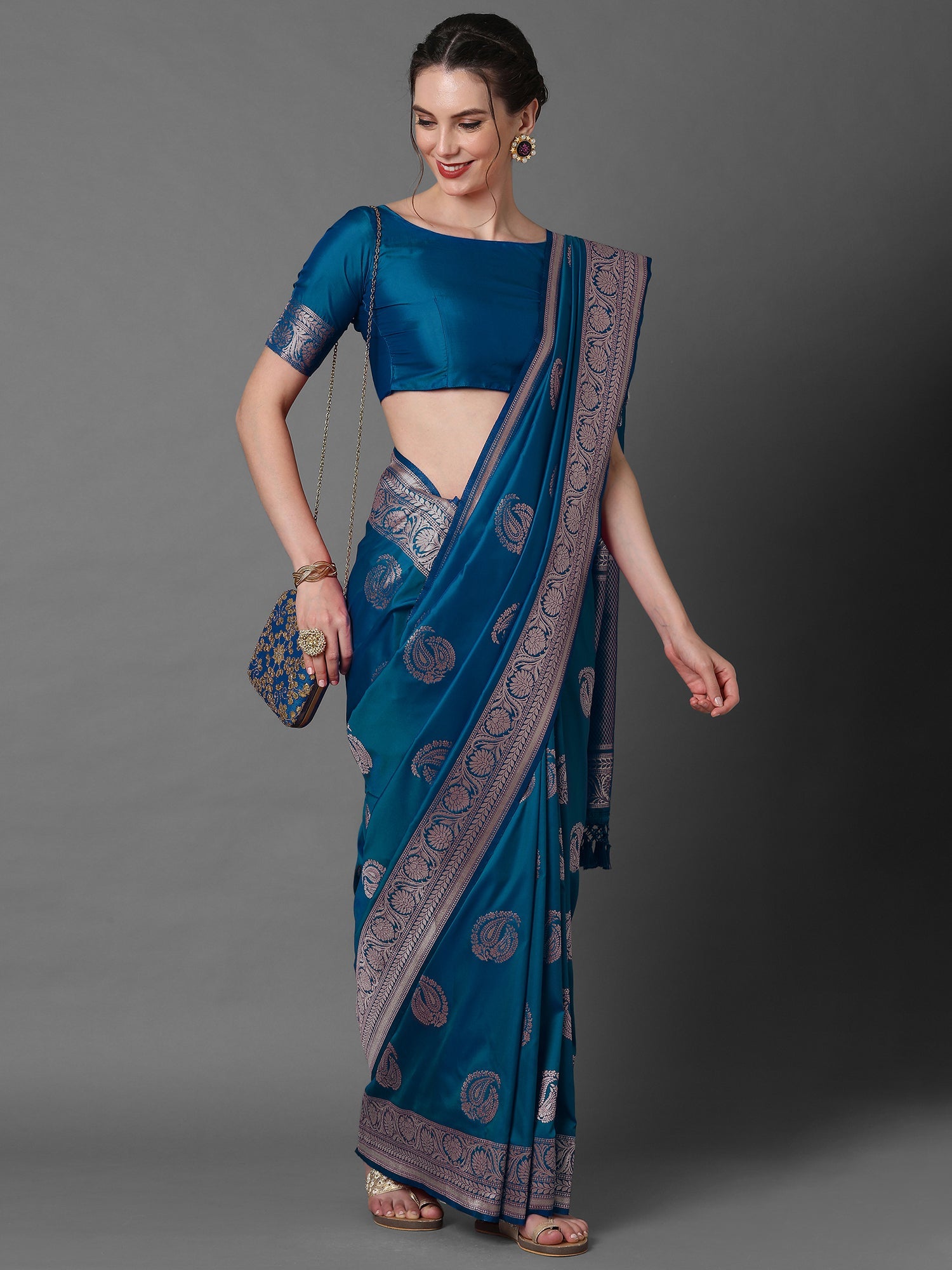Women's Silk Blend Blue Woven Design Celebrity Saree With Blouse Piece