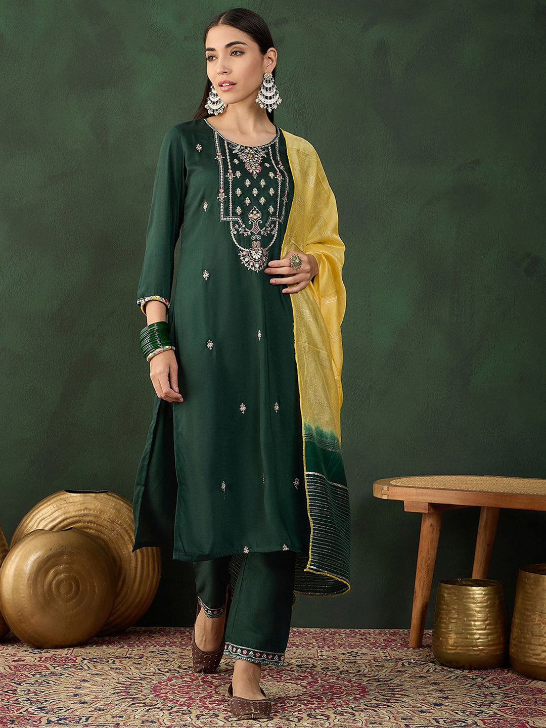Dhiyona SN Floral Embroidered Sequinned Straight Kurta With Dupatta