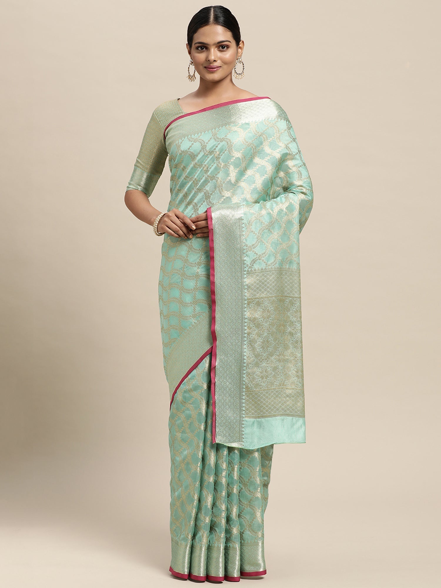 Women's Silk Blend Sea Green Woven Design Designer Saree With Blouse Piece