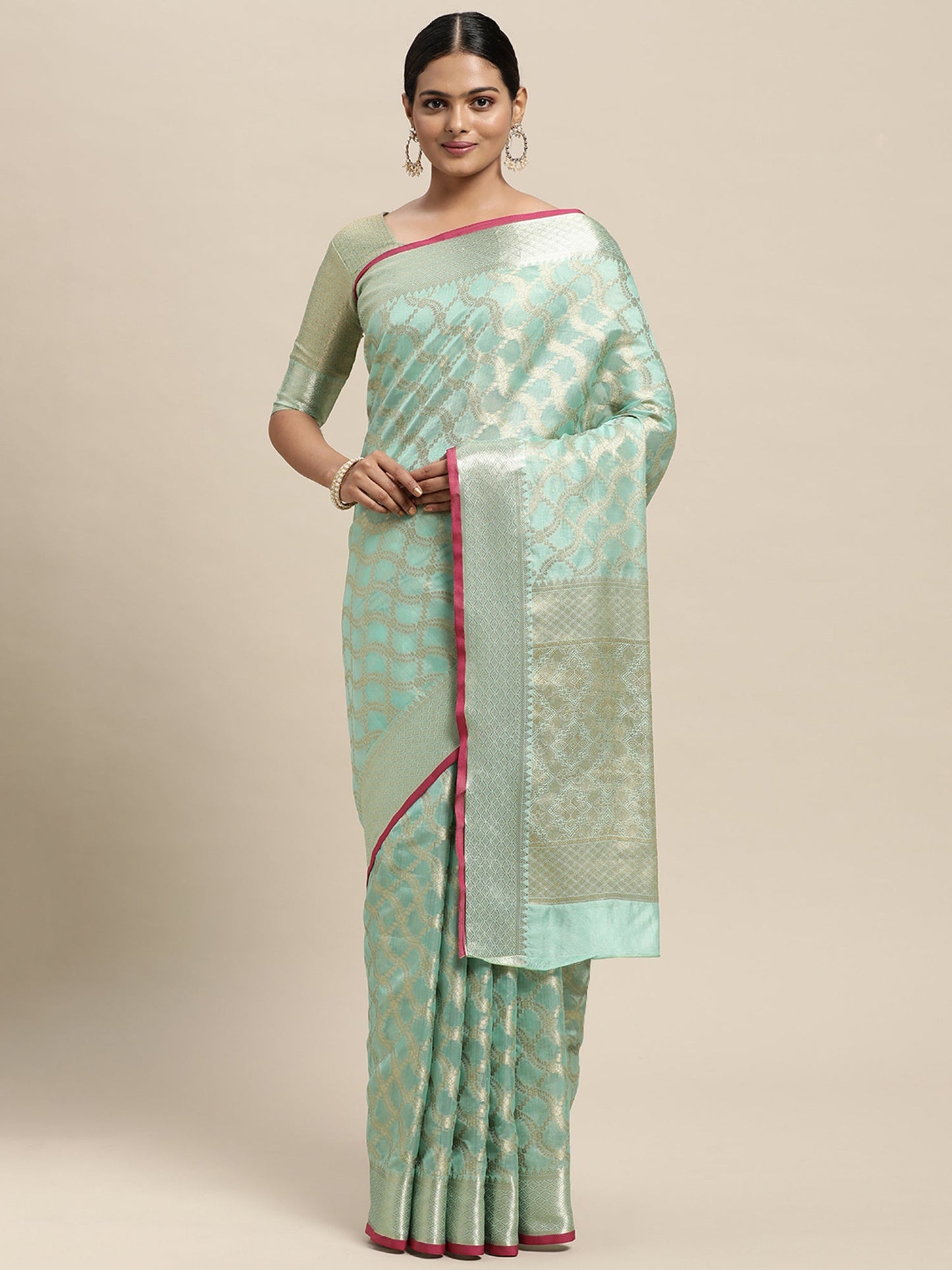 Women's Silk Blend Sea Green Woven Design Designer Saree With Blouse Piece