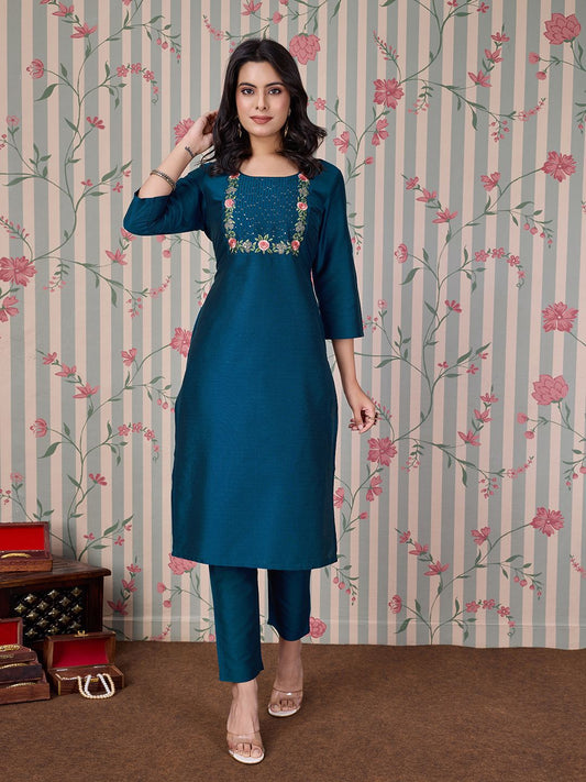 Dhiyona OD  Women Round Neck Three-Quarter Sleeves Embroidered Straight Kurta
