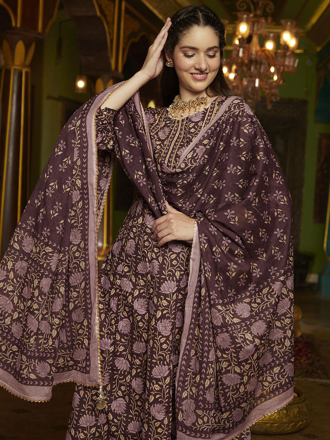 Floral Floral Printed Pure Cotton Anarkali Kurta With Trousers And Dupatta