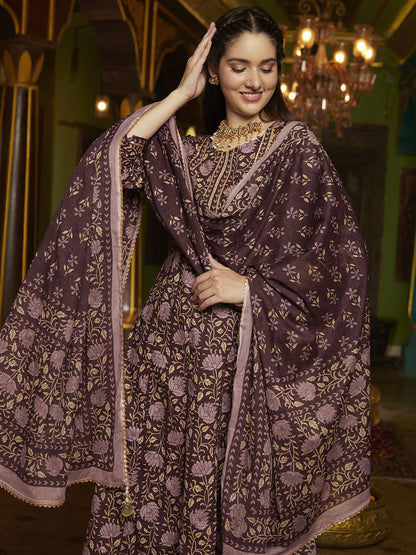 Floral Floral Printed Pure Cotton Anarkali Kurta With Trousers And Dupatta