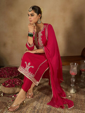 Women's Red Embroidered Straight Kurta Trousers With Dupatta Set