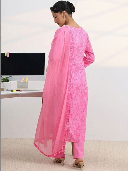 Libas Pink Bandhani Print Straight Suit Set with Dupatta